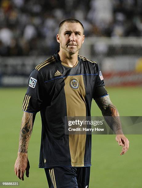 Danny Califf of the Philadelphia Union reacts to a 3-0 loss to the Los Angeles Galaxy at the Home Depot Center on May 1, 2010 in Carson, California....