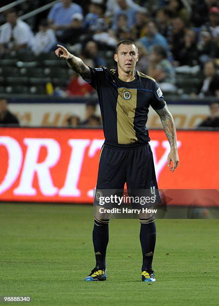 Danny Califf of the Philadelphia Union directs play against the Los Angeles Galaxy during the second half at the Home Depot Center on May 1, 2010 in...