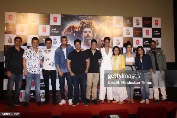 Manoj Bajpayee, John Abraham, Milap Zaveri, Bhushan Kumar, Aisha Sharma, Monisha Advani, Amruta Khanvilkar, Madhu Bhojwani and Nikkhil Advani during...