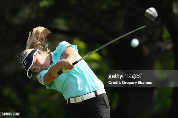 Brooke Henderson hits her drive on the second hole during the final round of the 2018 KPMG PGA Championship at Kemper Lakes Golf Club on July 1, 2018...