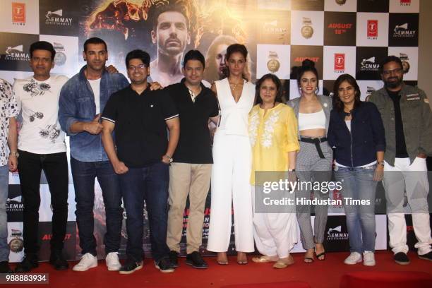 Manoj Bajpayee, John Abraham, Milap Zaveri, Bhushan Kumar, Aisha Sharma, Monisha Advani, Amruta Khanvilkar, Madhu Bhojwani and Nikkhil Advani during...