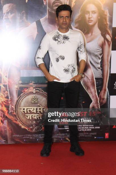 Bollywood actor Manoj Bajpayee during the trailer launch of a movie Satyamev Jayate at PVR ECS, Andheri, on June 28, 2018 in Mumbai, India. The film...