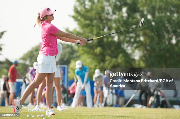 Paula Creamer of the US on the practice range during the final round of the 2018 KPMG Women's PGA Championship at Kemper Lakes Golf Club on July 1,...