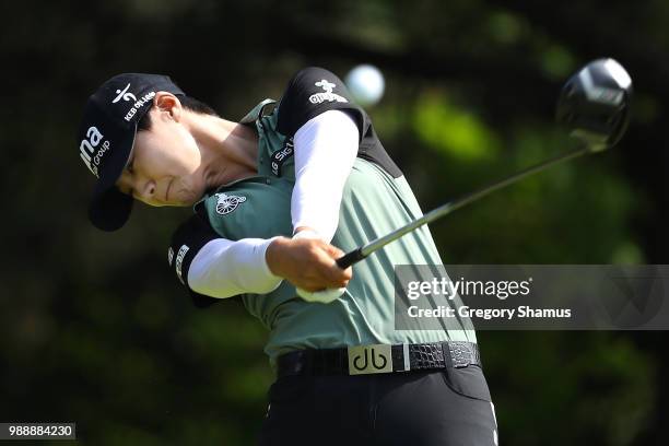 Sung Hyun Park of Korea hits her drive on the second hole during the final round of the 2018 KPMG PGA Championship at Kemper Lakes Golf Club on July...