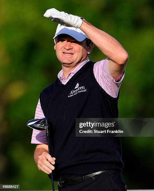 Paul Lawrie of Scotland watches his tee shot on the 17th hole during the first round of the BMW Italian Open at Royal Park I Roveri on May 6, 2010 in...