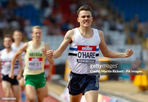 Great Britain's Chris O'Hare celebrates winning the Men's 1500 Metres Final during day two of the Muller British Athletics Championships at Alexander...