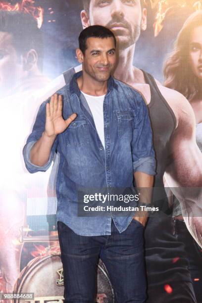 Bollywood actor John Abraham during the trailer launch of a movie Satyamev Jayate at PVR ECS, Andheri, on June 28, 2018 in Mumbai, India. The film is...