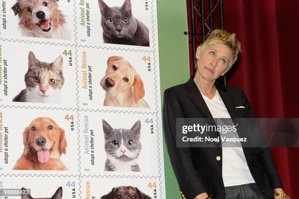 Ellen DeGeneres attends the "Animal Recues: Adopt A Shelter Pet" commemorative stamp ceremony at Academy of Television Arts & Sciences on April 30,...