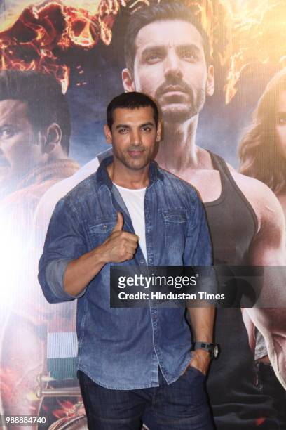 Bollywood actor John Abraham during the trailer launch of a movie Satyamev Jayate at PVR ECS, Andheri, on June 28, 2018 in Mumbai, India. The film is...