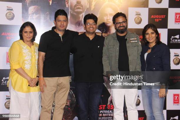 Monisha Advani, Bhushan Kumar, Milap Zaveri, Nikkhil Advani and Madhu Bhojwani during the trailer launch of a movie Satyamev Jayate at PVR ECS,...