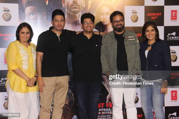 Monisha Advani, Bhushan Kumar, Milap Zaveri, Nikkhil Advani and Madhu Bhojwani during the trailer launch of a movie Satyamev Jayate at PVR ECS,...