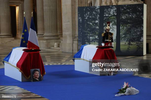 Republican Guards stand around the coffins of former French politician and Holocaust survivor Simone Veil and her husband Antoine Veil as visitor pay...