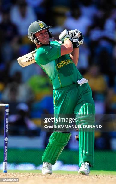 South African batsman AB de Villiers plays a shot during The ICC World Twenty20 Super Eight match between South Africa and New Zealand at the...