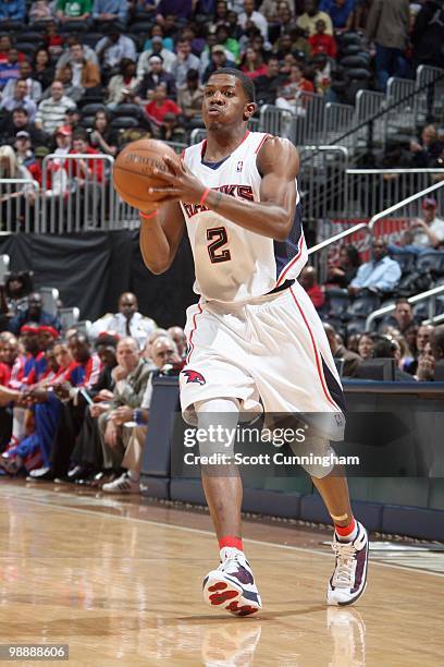 Joe Johnson of the Atlanta Hawks looks to move the ball against the Detroit Pistons during the game on March 13, 2010 at Philips Arena in Atlanta,...