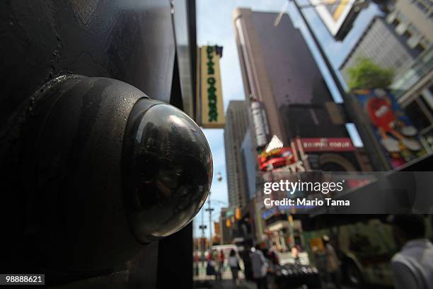 Private security camera is seen in Times Square May 6, 2010 in New York City. Security has been increased following the botched Times Square car bomb...