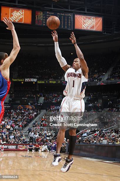 Maurice Evans of the Atlanta Hawks makes a jumpshot against the Detroit Pistons during the game on March 13, 2010 at Philips Arena in Atlanta,...