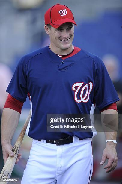 Josh Willingham of the Washington Nationals looks on before a baseball game against the Atlanta Braves on May 5, 2010 at Nationals Park in...