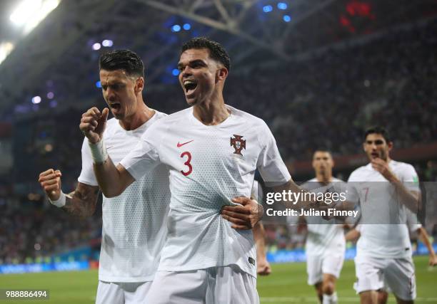 Pepe of Portugal celebrates scoring his teams first goal during the 2018 FIFA World Cup Russia Round of 16 match between Uruguay and Portugal at...