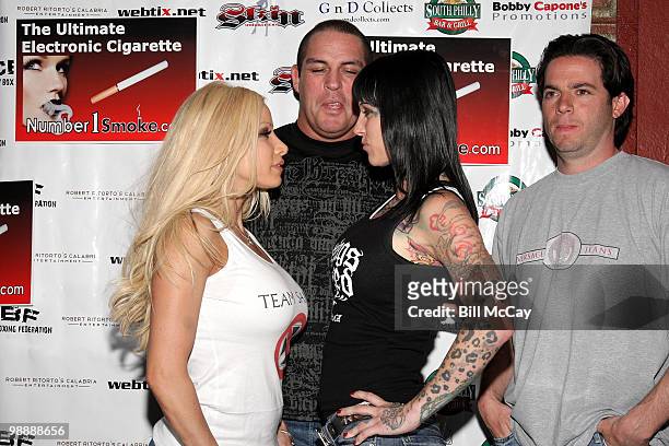 Gina Lynn, Promoter Damon Feldman, Michelle "Bombshell" McGee and Travis Knight attend the Press Conference for her upcoming match in Celebrity...