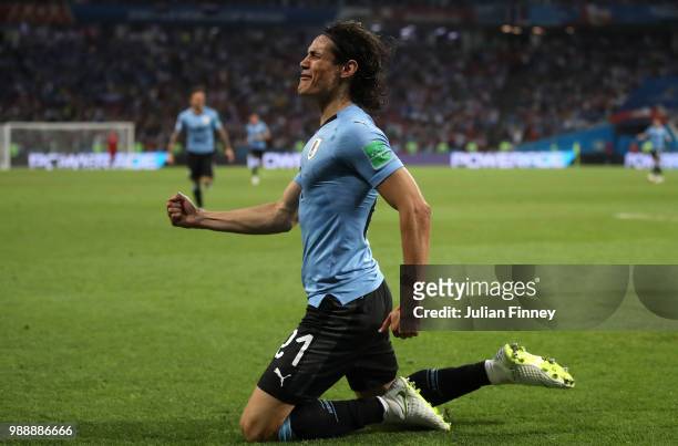 Edinson Cavani of Uruguay celebrates scoring his first goal during the 2018 FIFA World Cup Russia Round of 16 match between Uruguay and Portugal at...