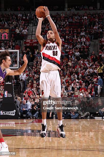 Nicolas Batum of the Portland Trail Blazers shoots against the Phoenix Suns in Game Six of the Western Conference Quarterfinals during the 2010 NBA...