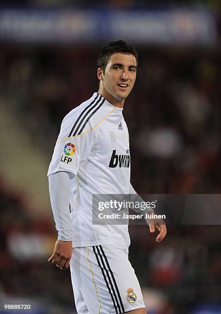 Gonzalo Higuain of Real Madrid looks on during the La Liga match between Mallorca and Real Madrid at the ONO Estadio on May 5, 2010 in Mallorca,...