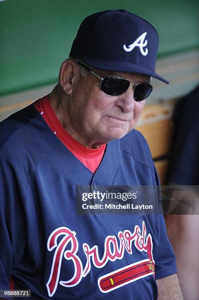 Bobby Cox, manager of the of the Atlanta Braves, looks on before a baseball game against the Washington Nationals on May 5, 2010 at Nationals Park in...