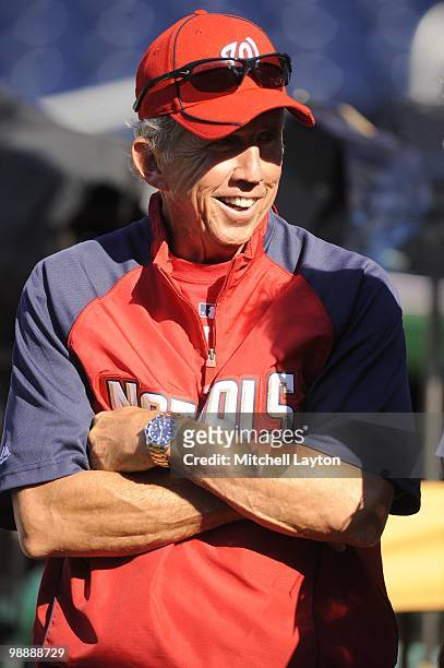 Davey Johnson, Senior Advisor to the General Manager of the Washington Nationals, looks on before a baseball game against the Atlanta Braves on May...
