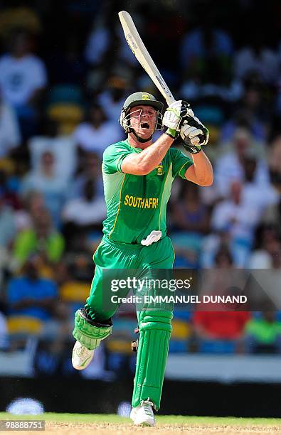 South African batsman AB de Villiers plays a shot during The ICC World Twenty20 Super Eight match between South Africa and New Zealand at the...