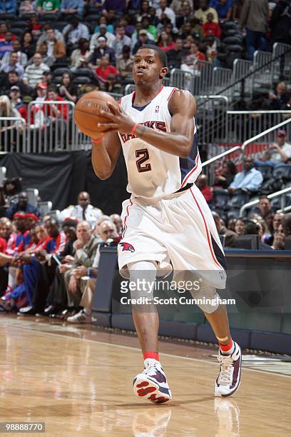 Joe Johnson of the Atlanta Hawks looks to move the ball against the Detroit Pistons during the game on March 13, 2010 at Philips Arena in Atlanta,...