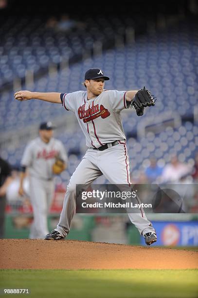 Tommy Hanson of the Atlanta Braves pitches during a baseball game against the Washington Nationals on May 5, 2010 at Nationals Park in Washington,...