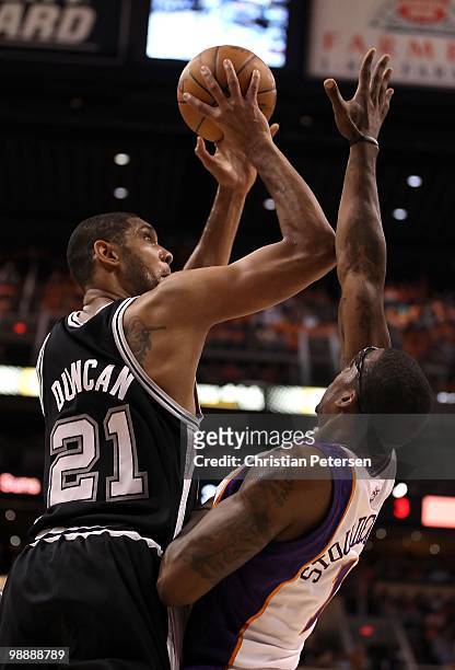 Tim Duncan of the San Antonio Spurs puts up a shot against the Phoenix Suns during Game One of the Western Conference Semifinals of the 2010 NBA...