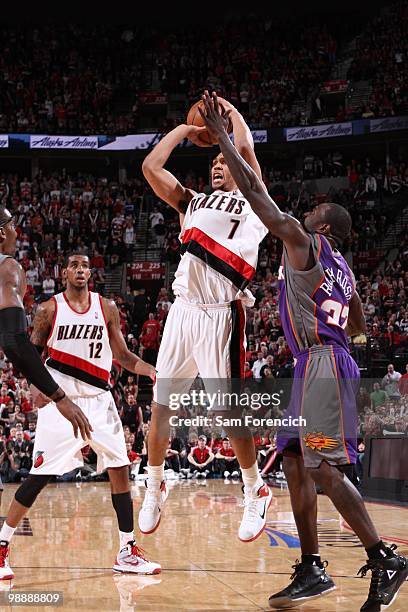 Brandon Roy of the Portland Trail Blazers shoots against Jason Richardson of the Phoenix Suns in Game Six of the Western Conference Quarterfinals...