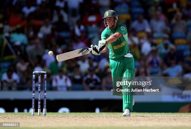 De Villiers of South Africa scores runs during The ICC World Twenty20 Super Eight match between South Africa and New Zealand played at The Kensington...