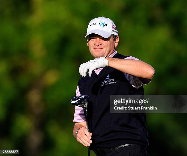 Paul Lawrie of Scotland watches his tee shot on the 17th hole during the first round of the BMW Italian Open at Royal Park I Roveri on May 6, 2010 in...