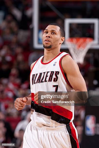 Brandon Roy of the Portland Trail Blazers looks on against the Phoenix Suns in Game Six of the Western Conference Quarterfinals during the 2010 NBA...