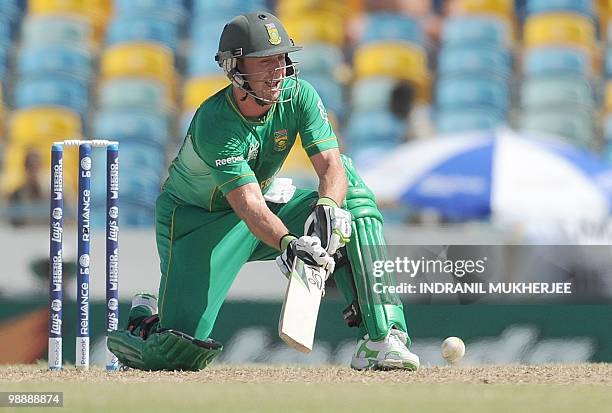 South African cricketer AB de Villiers plays a shot during The ICC World Twenty20 Super 8 match between South Africa and New Zealand at the...