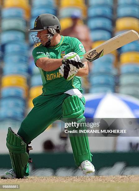 South African cricketer AB de Villiers plays a shot during The ICC World Twenty20 Super 8 match between South Africa and New Zealand at the...