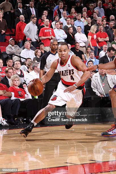 Jerryd Bayless of the Portland Trail Blazers drives to the basket against the Phoenix Suns in Game Six of the Western Conference Quarterfinals during...