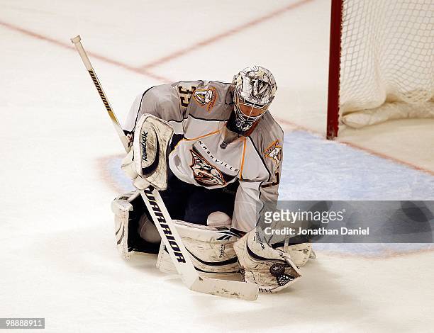 Pekka Rinne of the Nashville Predators makes a save against the Chicago Blackhawks in Game Five of the Western Conference Quarterfinals during the...