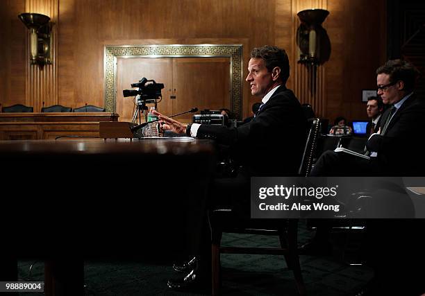 Treasury Secretary Timothy Geither testifies during a hearing before the Financial Crisis Inquiry Commission May 6, 2010 on Capitol Hill in...