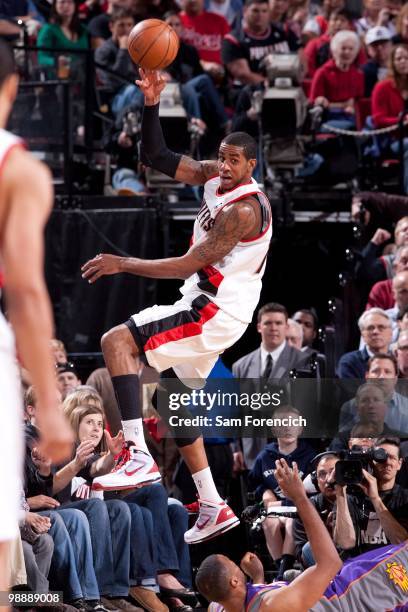 LaMarcus Aldridge of the Portland Trail Blazers passes the ball against the Phoenix Suns in Game Six of the Western Conference Quarterfinals during...
