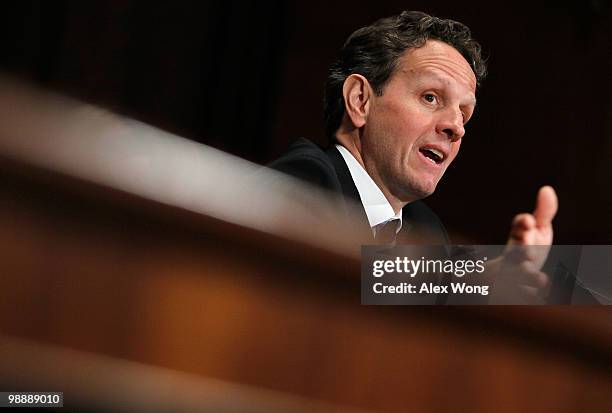 Treasury Secretary Timothy Geither testifies during a hearing before the Financial Crisis Inquiry Commission May 6, 2010 on Capitol Hill in...