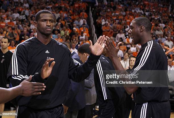 Antonio McDyess of the San Antonio Spurs is introduced before Game One of the Western Conference Semifinals of the 2010 NBA Playoffs against the...
