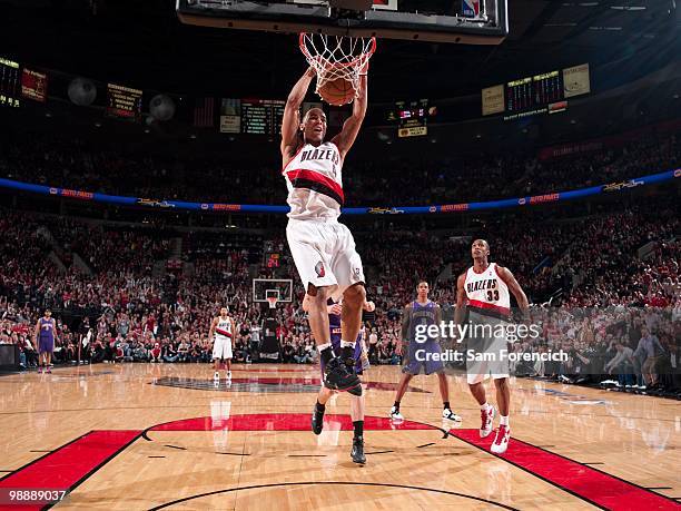 Jerryd Bayless of the Portland Trail Blazers dunks against the Phoenix Suns in Game Six of the Western Conference Quarterfinals during the 2010 NBA...