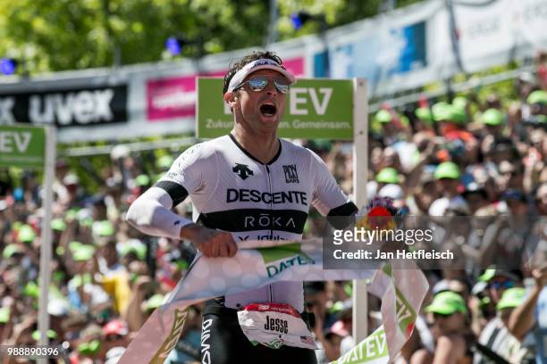 Jesse Thomas of the United States reacts after winning the third place of the DATEV Challenge Roth 2018 on July 1, 2018 in Roth, Germany.