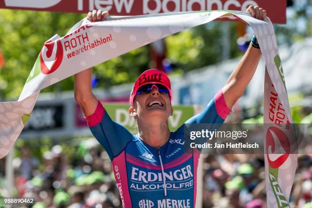 Daniela Saemmler of Germany reacts after winning the DATEV Challenge Roth 2018 on July 1, 2018 in Roth, Germany.