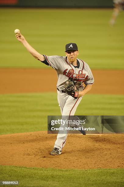 Tommy Hanson of the Atlanta Braves pitches during a baseball game against the Washington Nationals on May 5, 2010 at Nationals Park in Washington,...