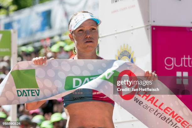 Kaisa Sali of Finland reacts after winning the third place of the DATEV Challenge Roth 2018 on July 1, 2018 in Roth, Germany.