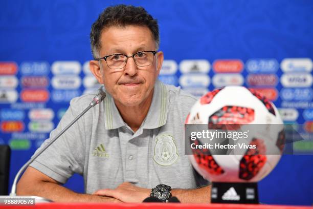 Juan Carlos Osorio, coach of Mexico, looks on during a press conference at Samara Arena ahead of the Round of Sixteen match against Brazil on July 1,...